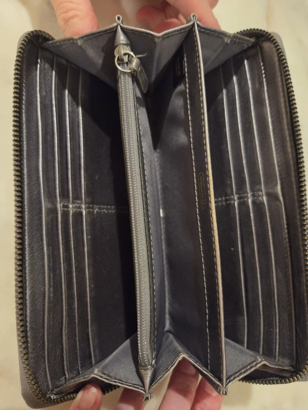 Coach Madison Gunmetal Pewter Metallic Accordion Zip Arpund Wallet